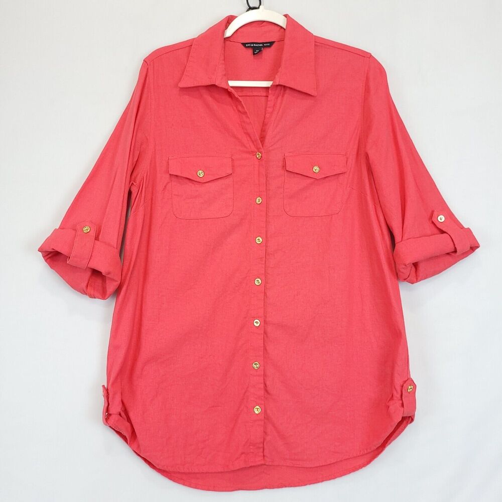 Zac & Rachel Linen Blend Button Front Top Women PM‎ Collared Roll Sleeves Coral